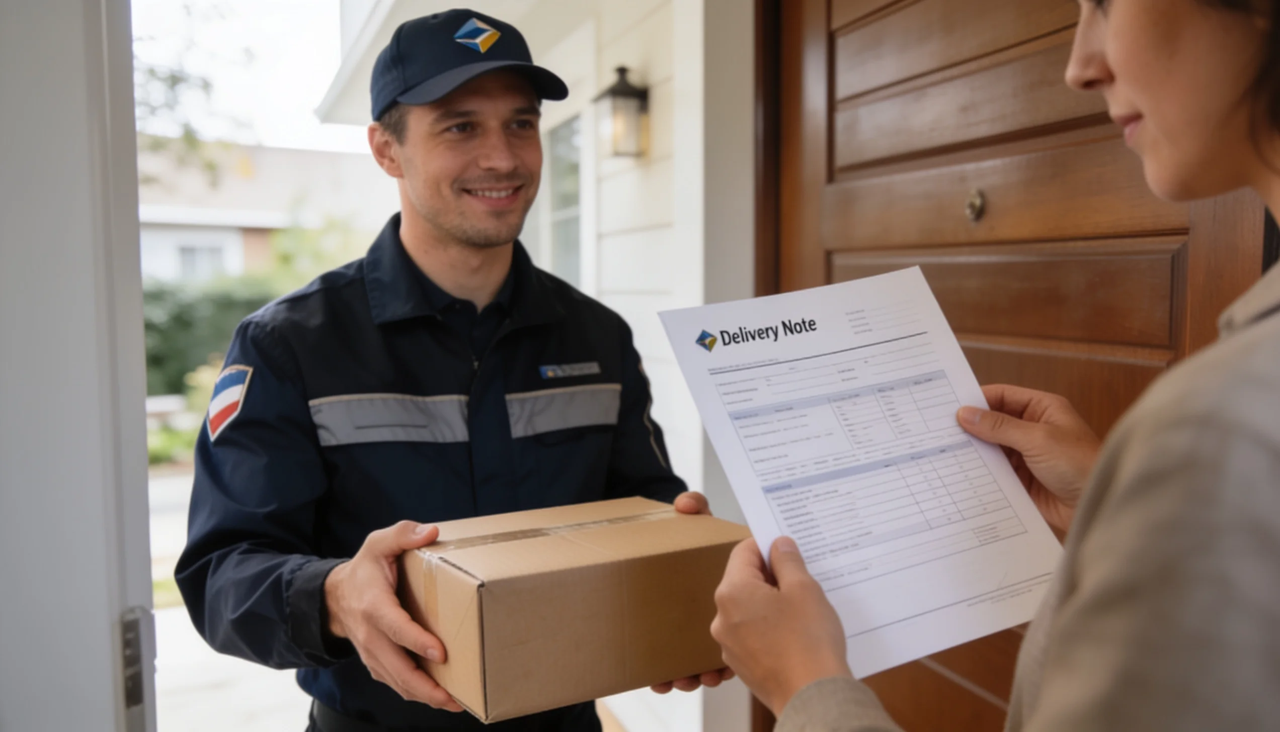 A smiling male courier in a dark blue uniform and cap hands over a cardboard box package to a customer holding a delivery note at a house front door.