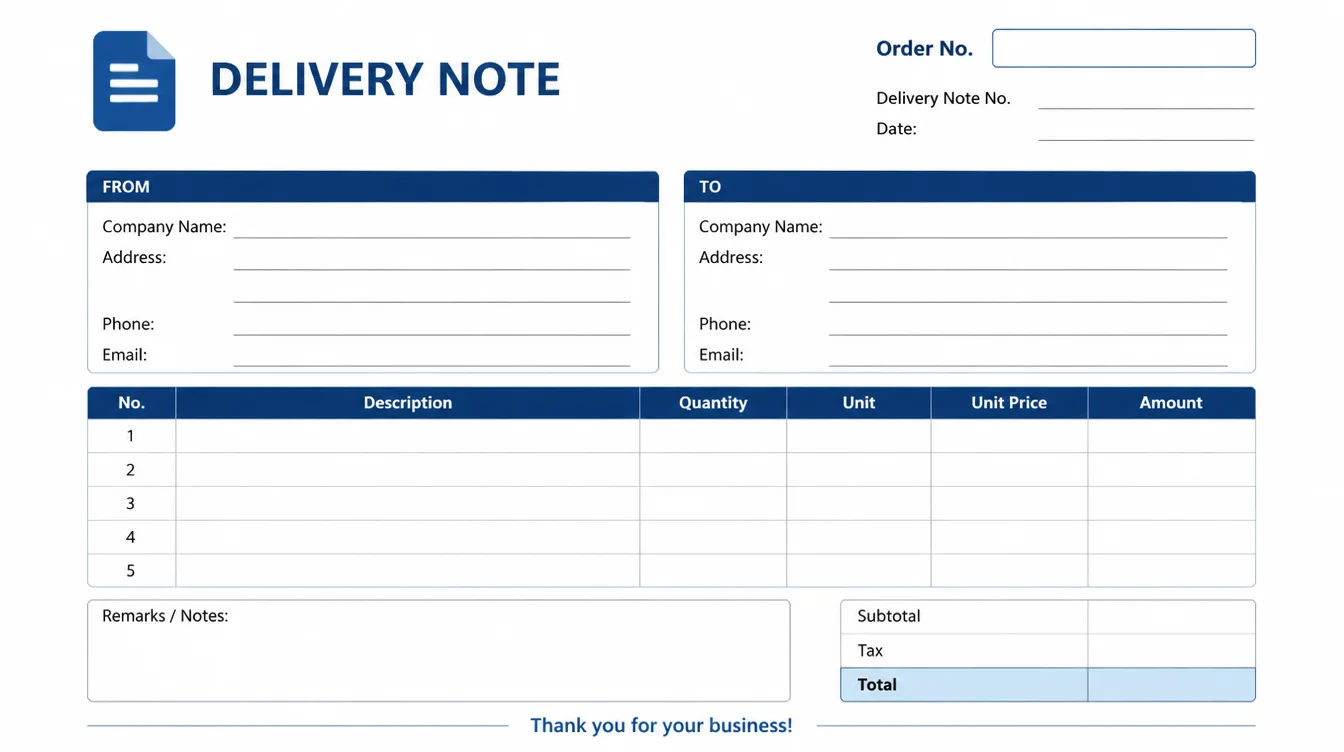 A blank, professional blue and white Delivery Note template featuring fields for sender and recipient information, an itemized product table, a notes section, and a financial summary.