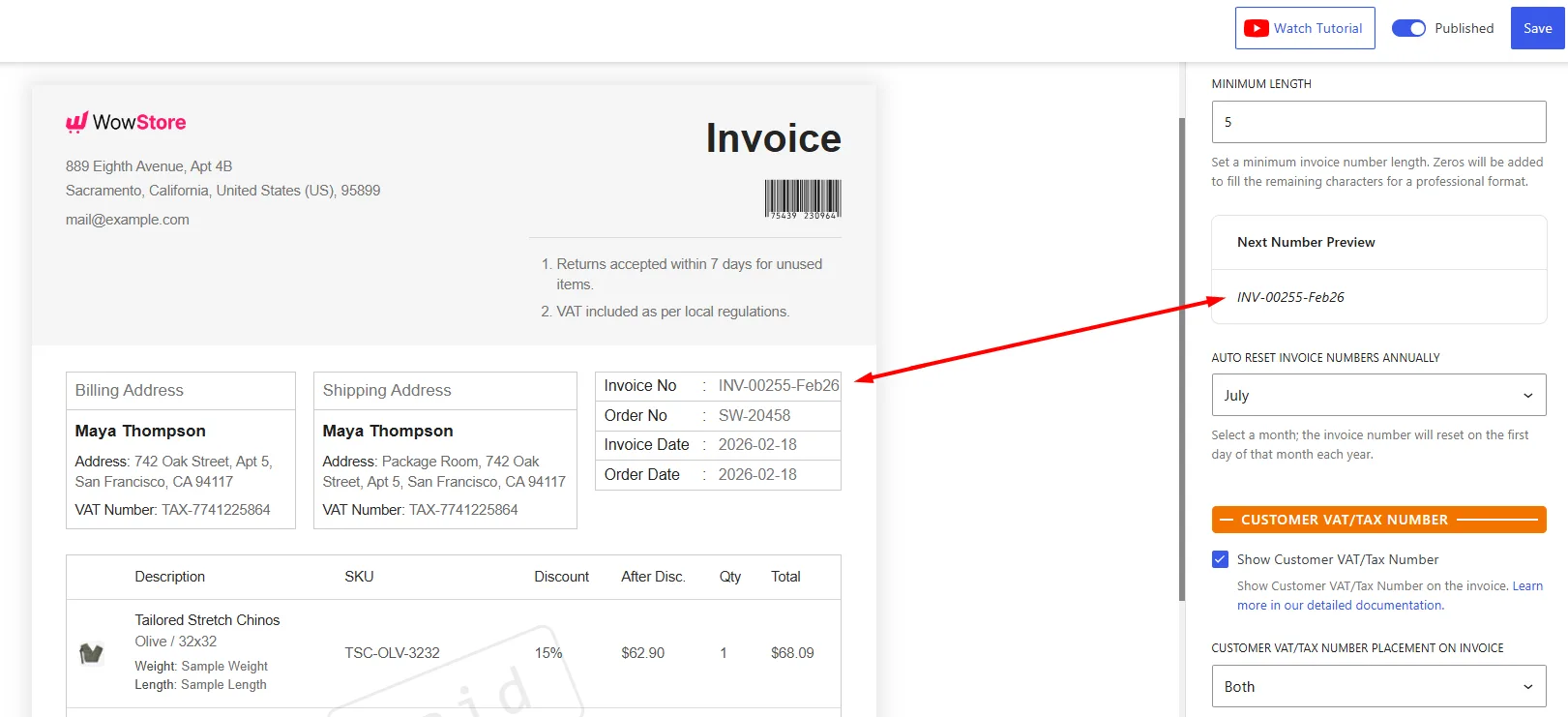 previewing the formated invoice number in the WowInvoice customizer