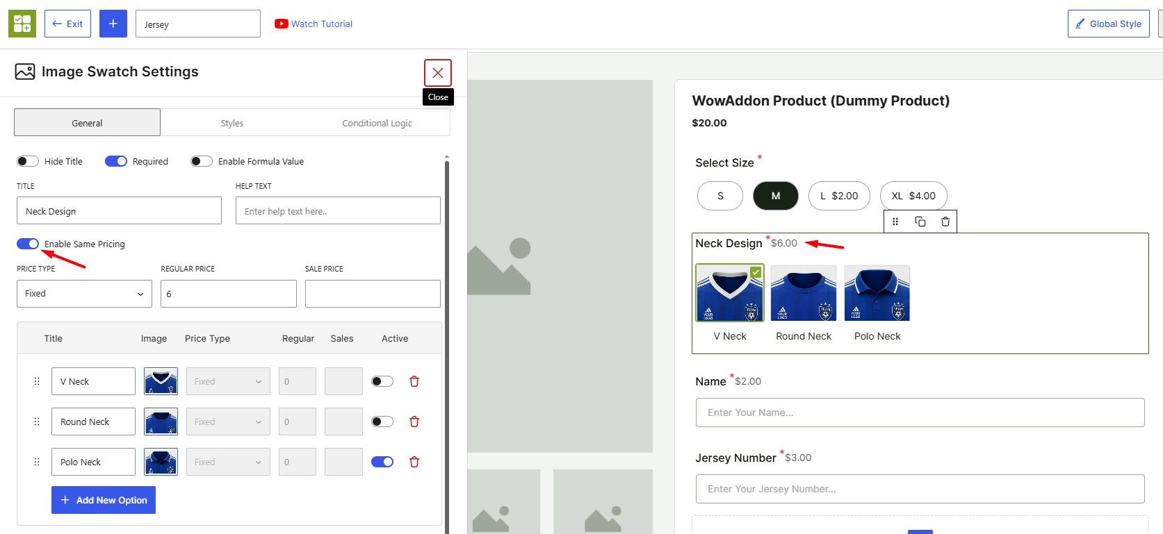WowAddons interface demonstrating how the Same Pricing feature works.