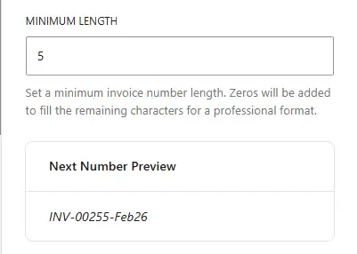 setting minimum length for the invoice number such as 5