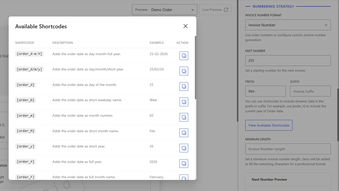 showing the available shortcodes for adding suffix and prefix to the invoice number