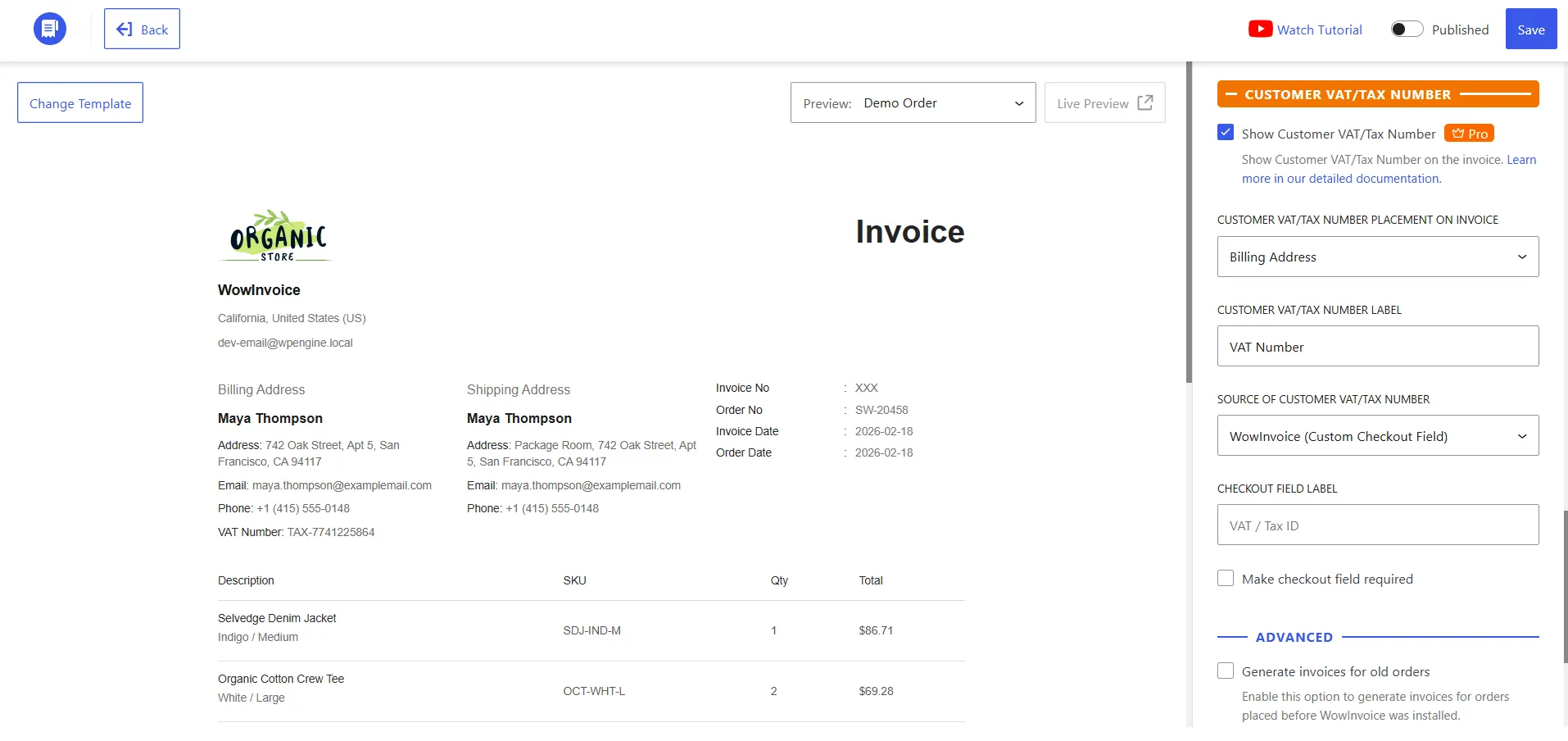 wowinvoice custom checkout field for collecting vat info