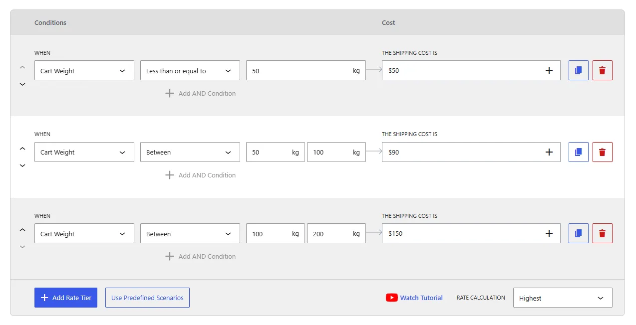 Example weight-based table rate shipping