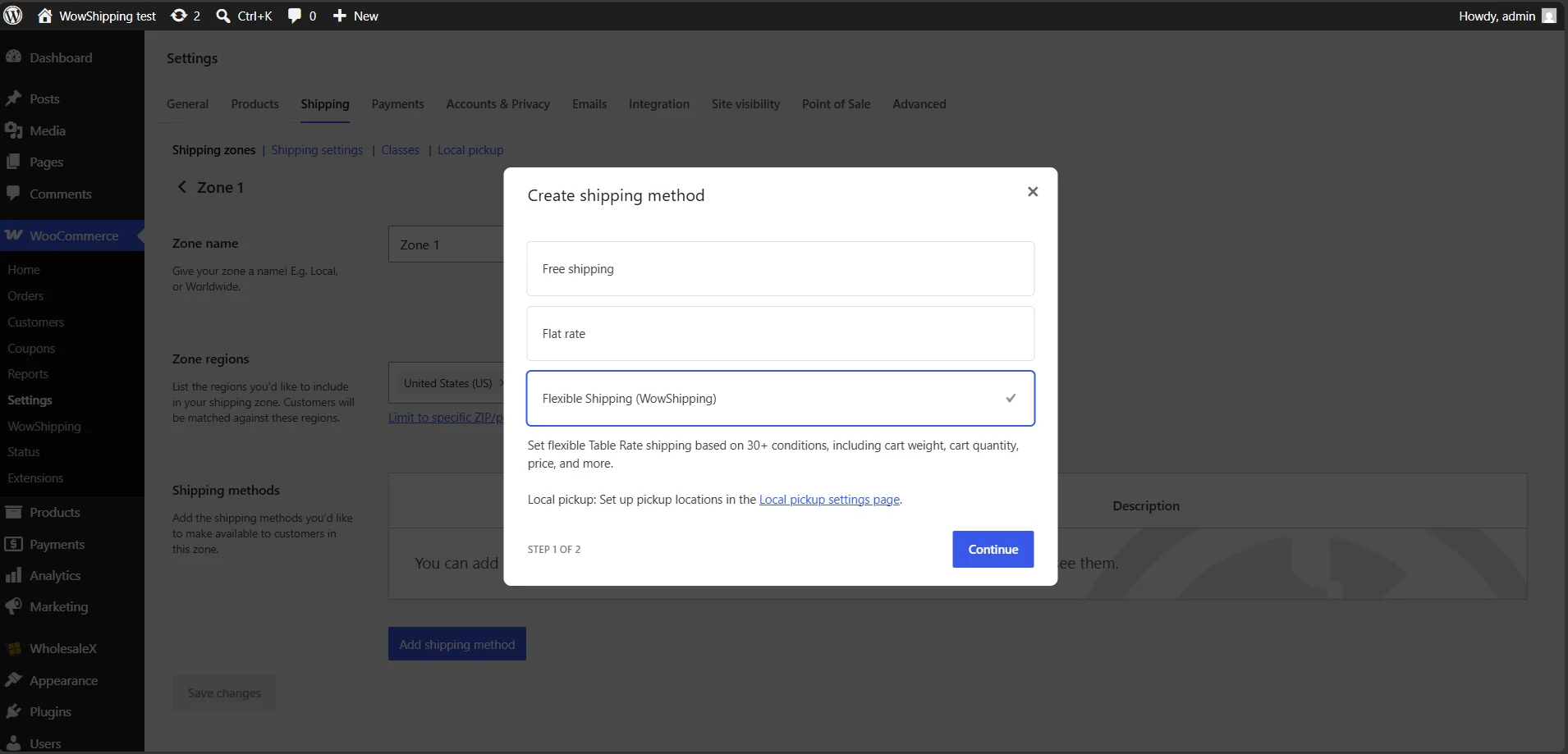 WooCommerce Create shipping method popup selecting Flexible Shipping WowShipping in shipping settings