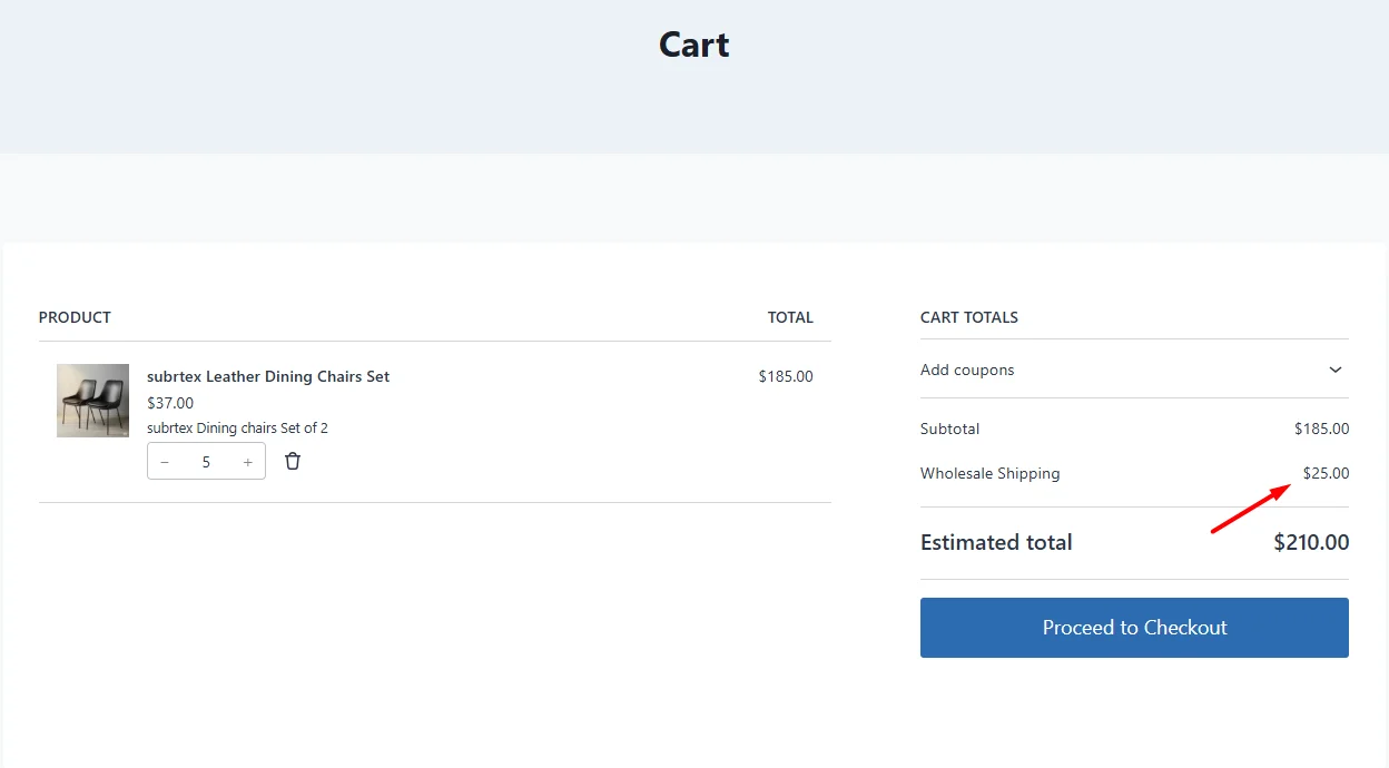 WooCommerce cart page showing Wholesale Shipping rate of $25 applied to order total