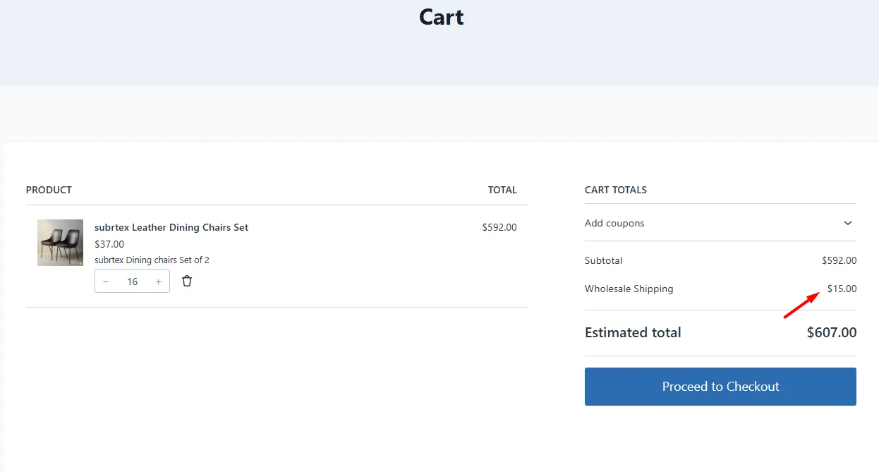 WooCommerce cart page showing Wholesale Shipping rate of $15 applied to order total