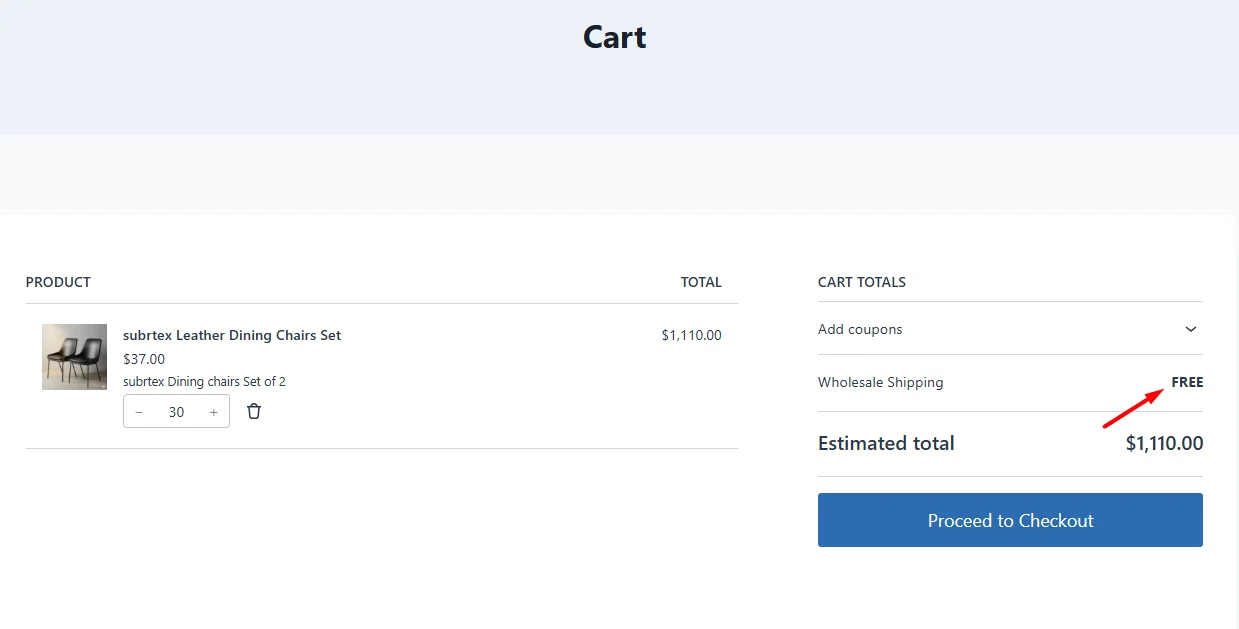 WooCommerce cart page displaying free Wholesale Shipping applied to order total