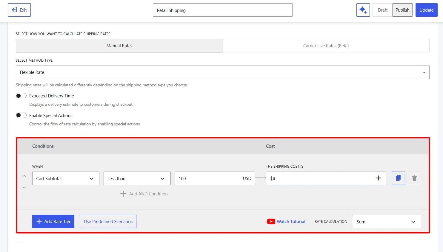 Setting up table rate shipping condition for Cart Subtotal less than 100 USD in WowShipping