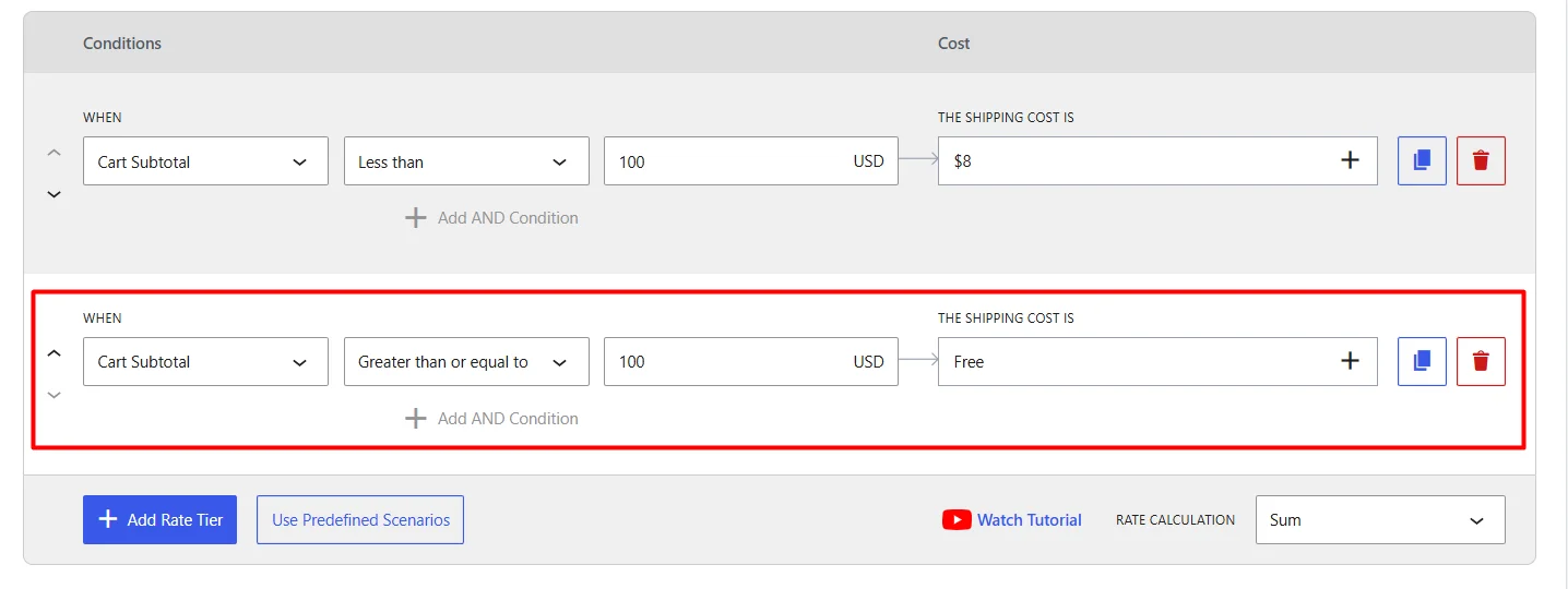 alt="Configuring free shipping condition for Cart Subtotal greater than or equal to 100 USD in WowShipping