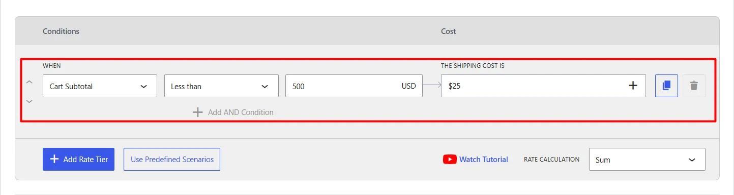 Setting shipping rate tier for Cart Subtotal less than 500 USD to $25 in WowShipping