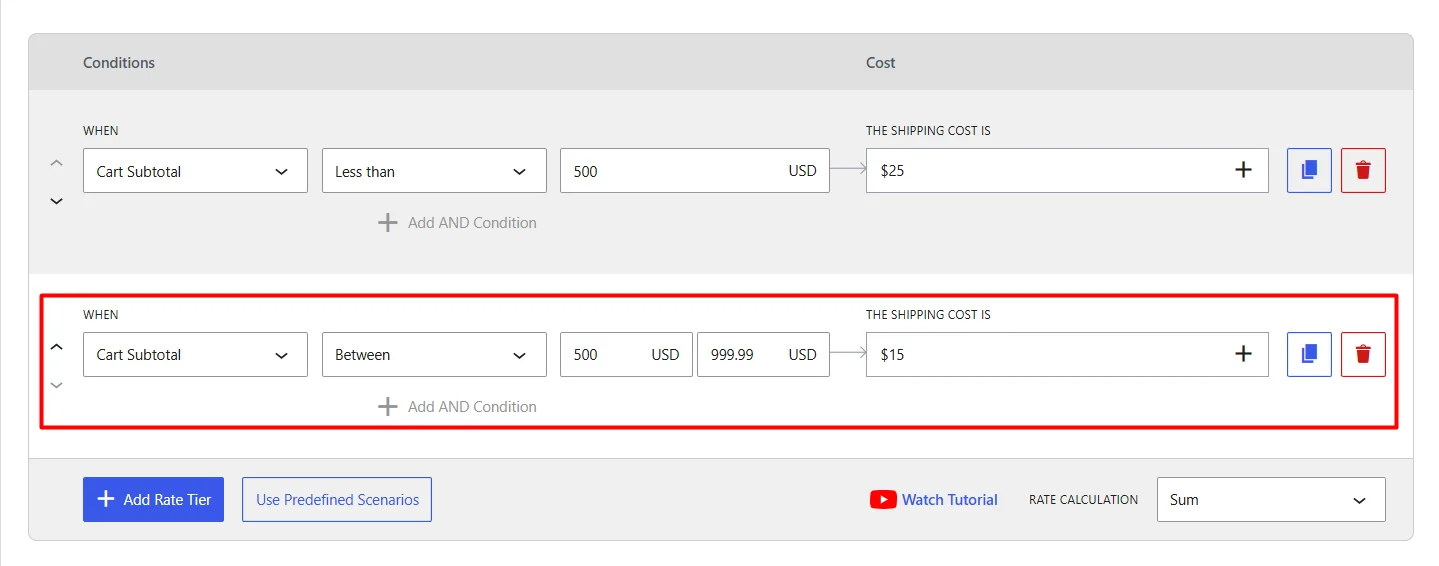 Configuring table rate shipping condition for Cart Subtotal between 500 and 999.99 USD to $15 in WowShipping