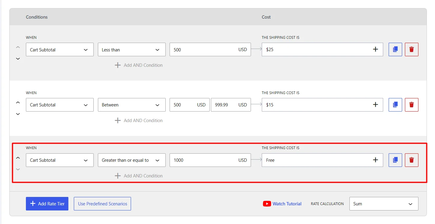 Setting free shipping rate tier for Cart Subtotal greater than or equal to 1000 USD in WowShipping