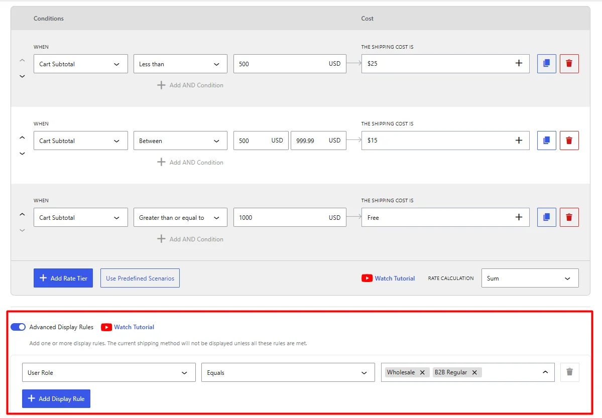 Configuring Advanced Display Rules for Wholesale and B2B Regular User Roles in WowShipping