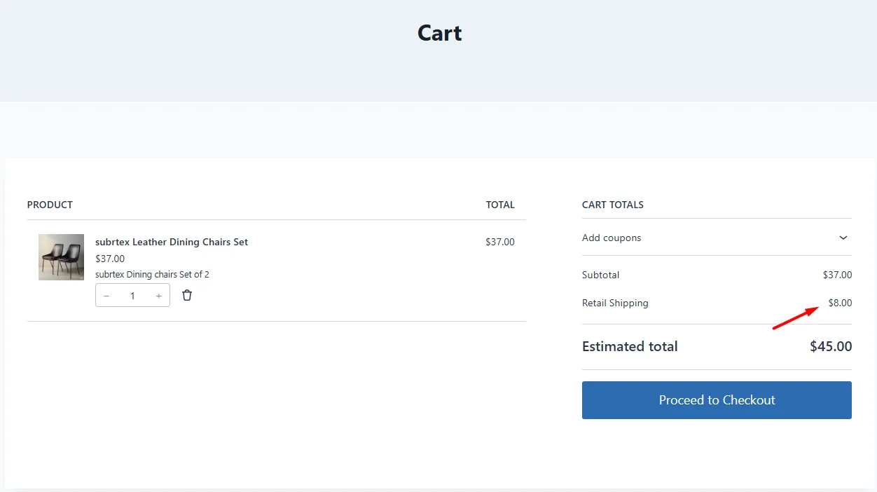 WooCommerce cart page showing Retail Shipping rate applied to cart total