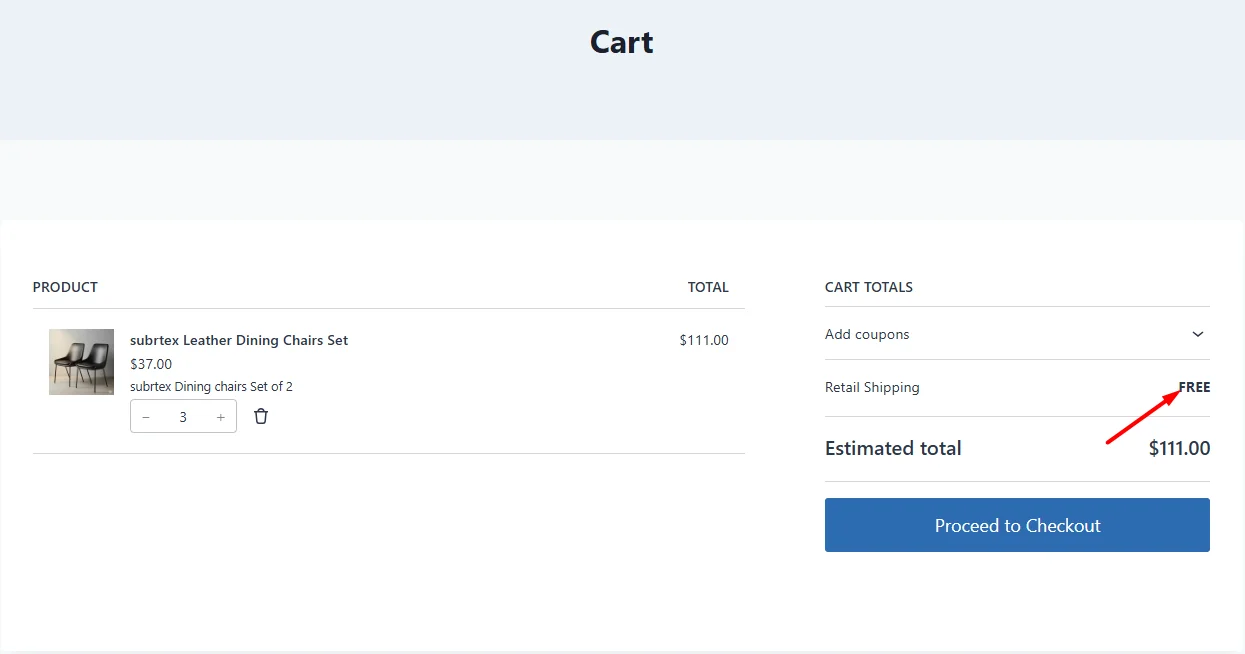 WooCommerce cart page displaying free Retail Shipping applied to order total