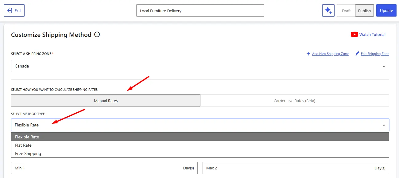 Selecting Flexible Rate Shipping Method in WowShipping