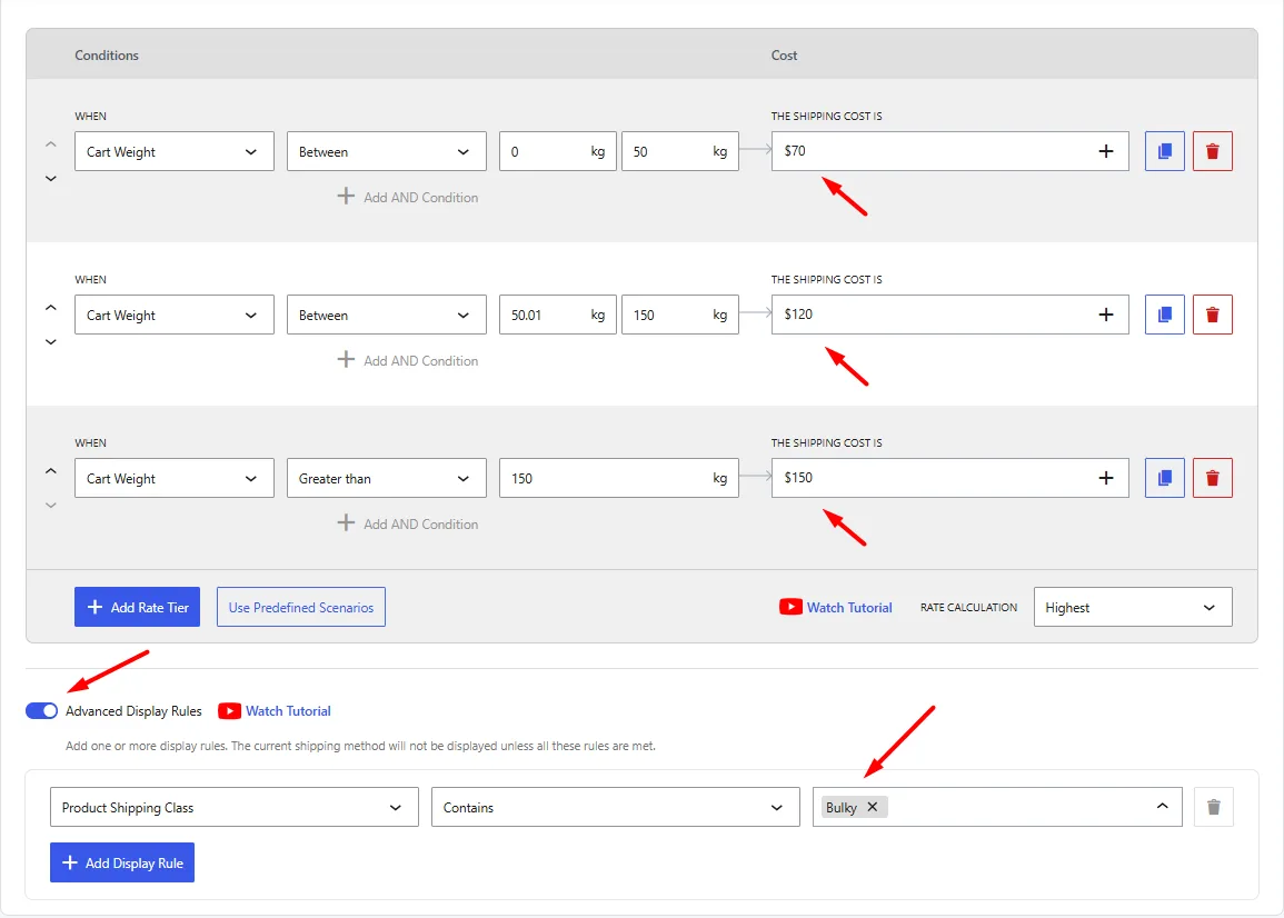 Setting Advanced Display Rules to Table Rate Shipping