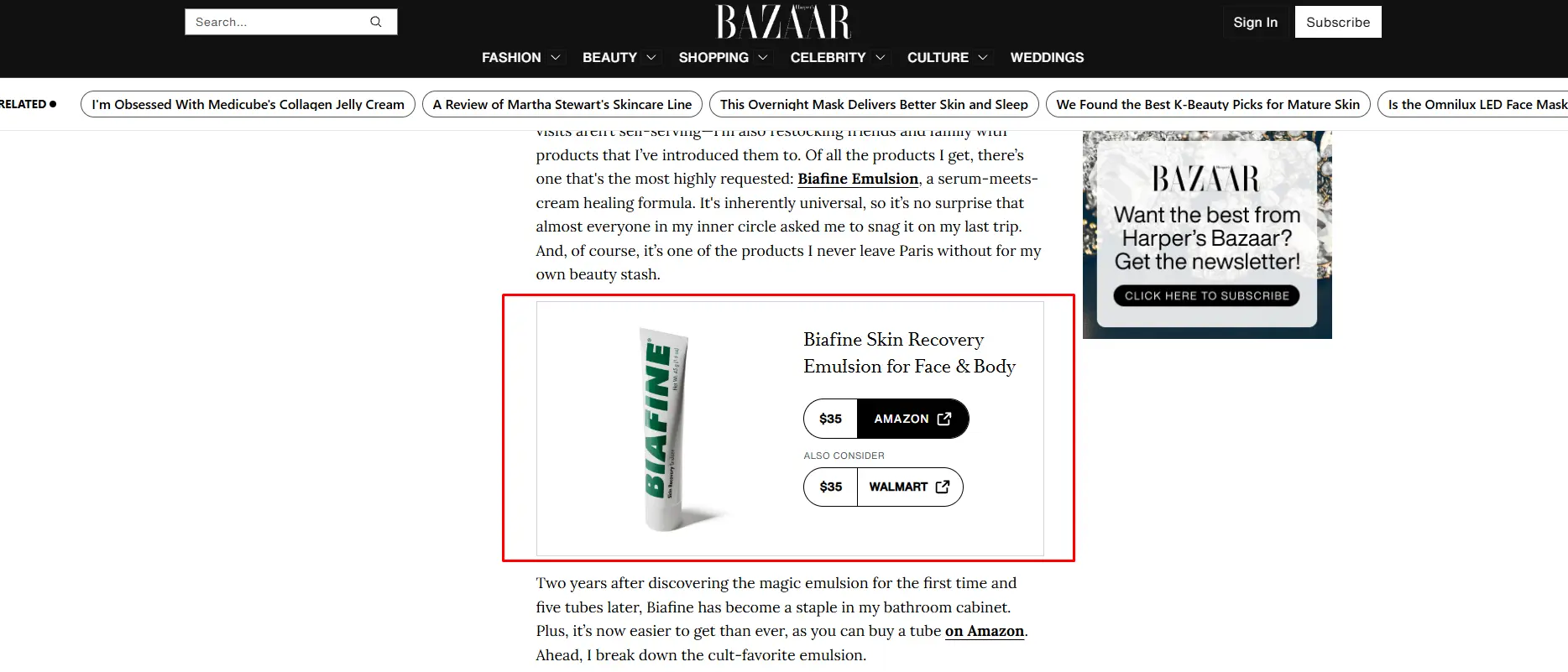 Image highlighting a product CTA box of Harper’s Bazaar article
