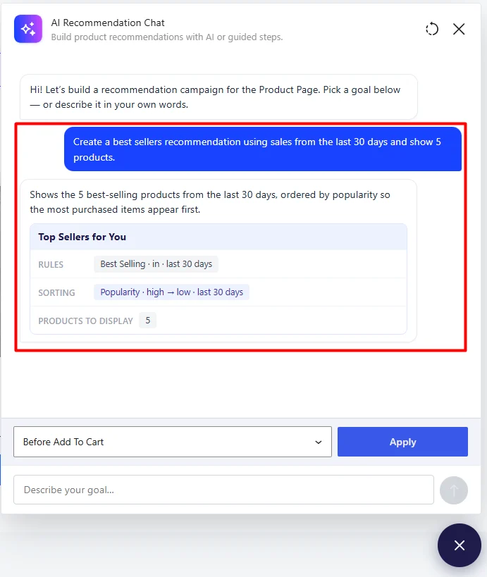 Example prompt 1 for recommendation building with AI