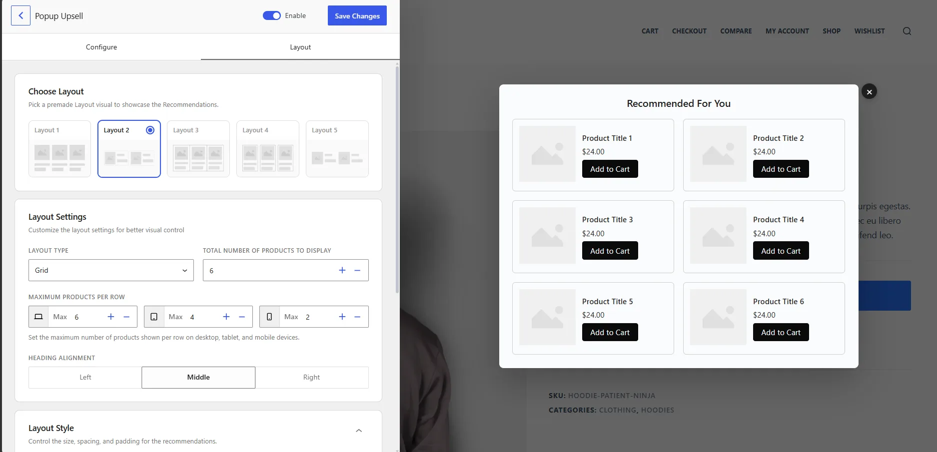 Popup upsell layout configuration in WowRecommend