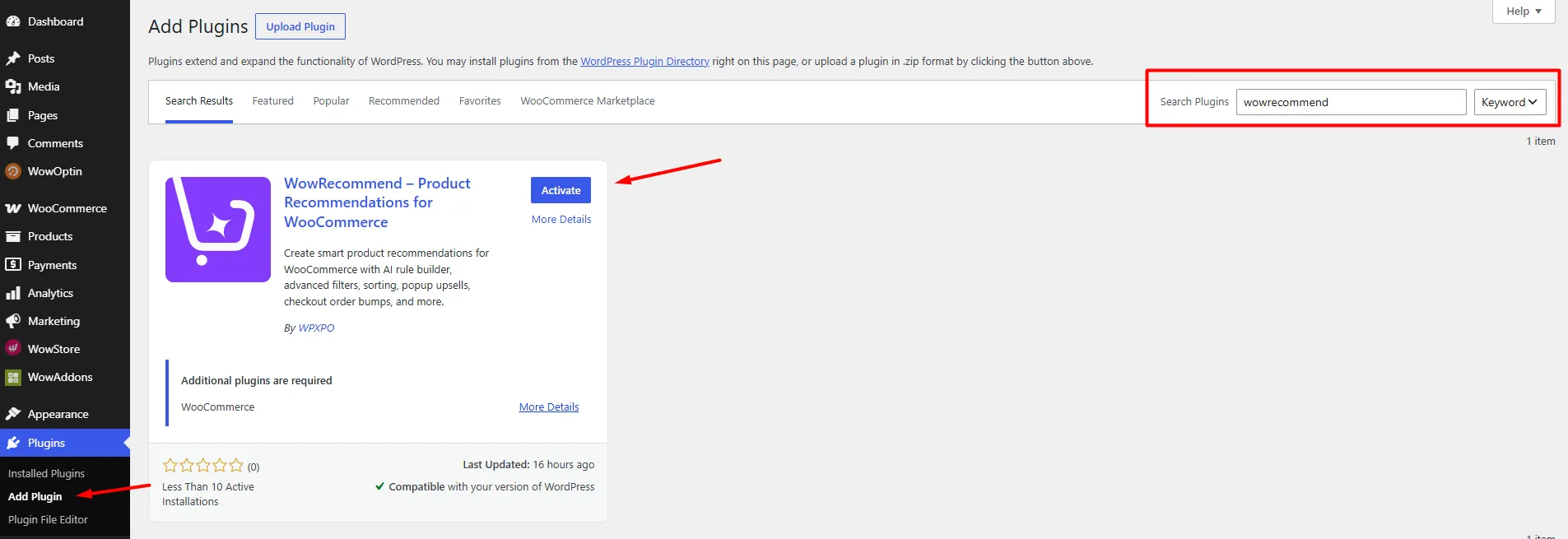 Searching WowRecommend on the WordPress Repository