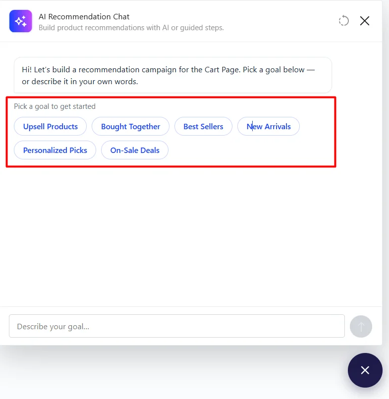 Select a recommendation goal in the guided steps screen on WowRecommend