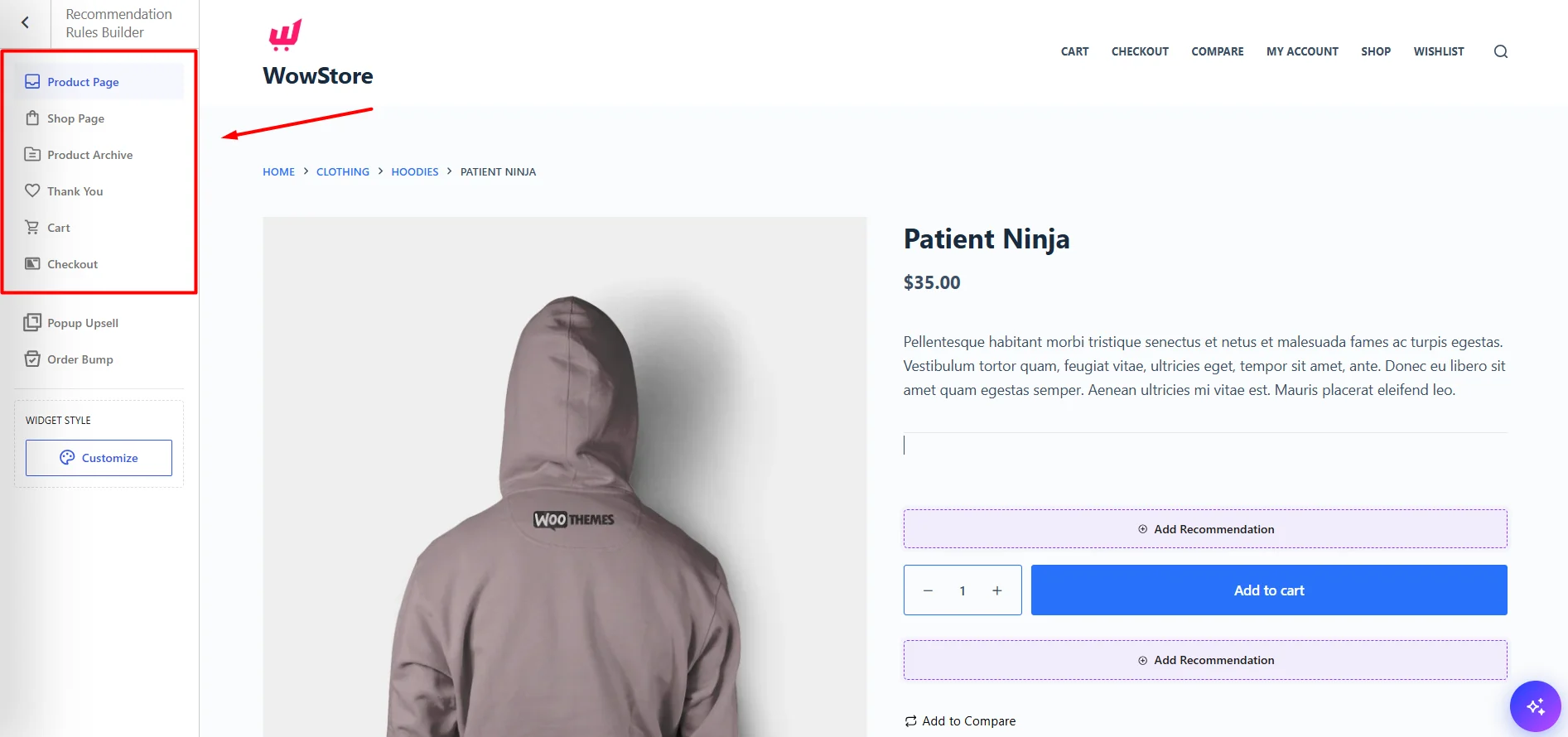 Select target page in WowRecommend