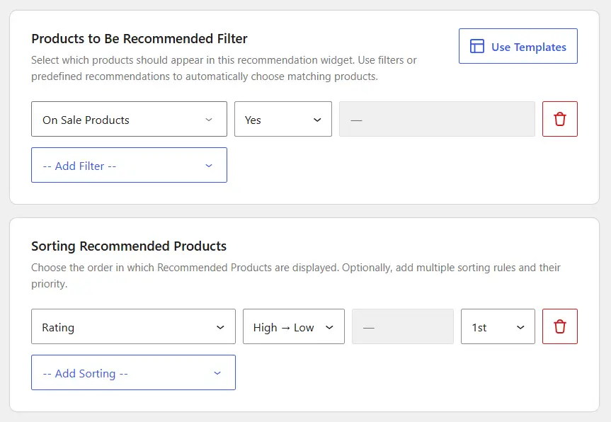 Set filters and shorting for order bump in WowRecommendation