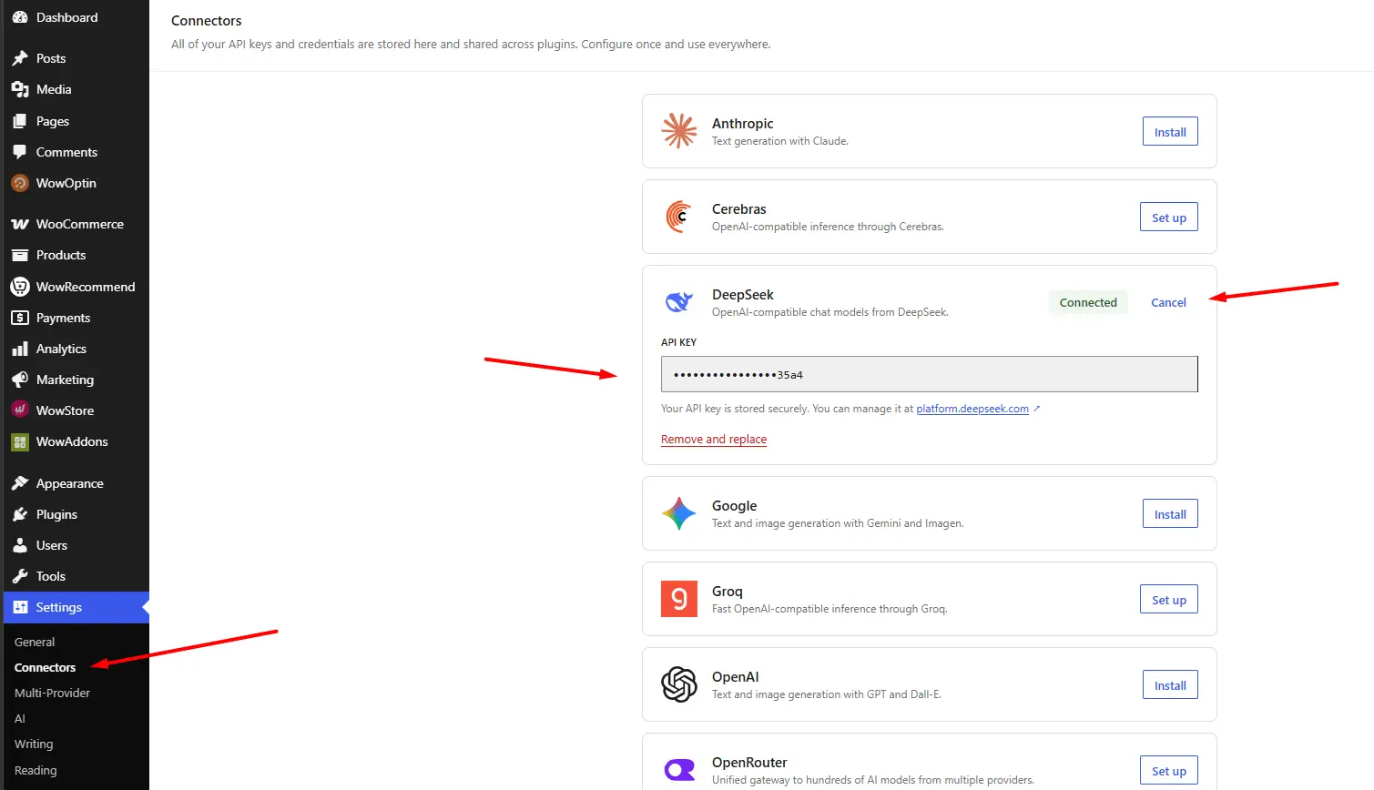 Setting Up providers from WordPress Connectors Settings Page