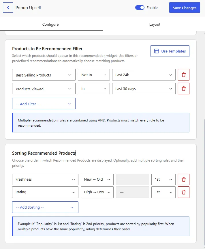 Setting filters and shorting for Popup Upsell in WowRecommend