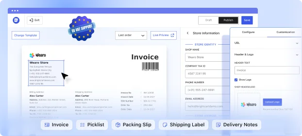 Digital invoice builder interface showing customizable store identity, EU VAT support badge, and document export options.