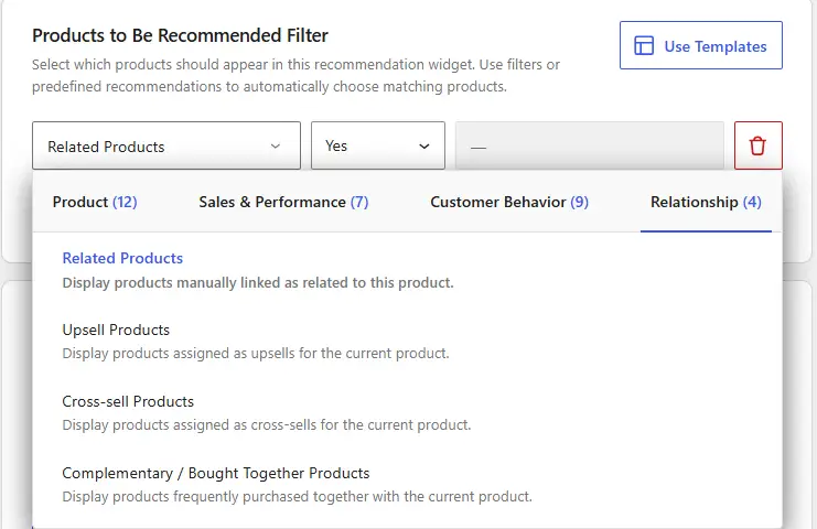 WowRecommend Product Relationship Filters
