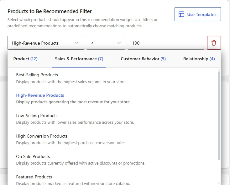 WowRecommend Sales and Performance Filters