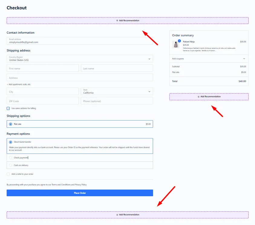 WowRecommend checkout page placements