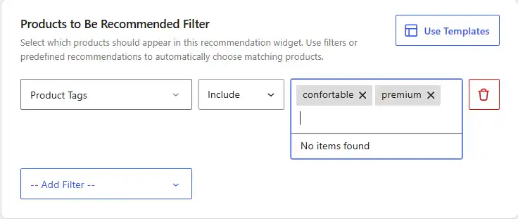 WowRecommend filter by product tags