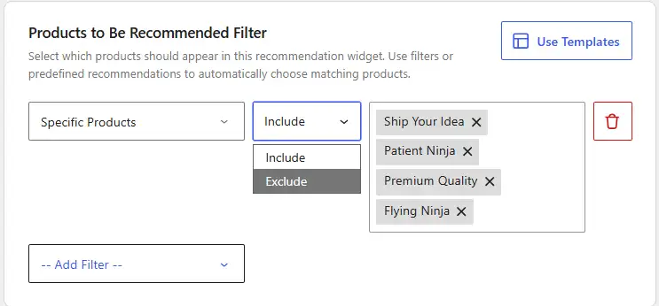 WowRecommend filter by specific products