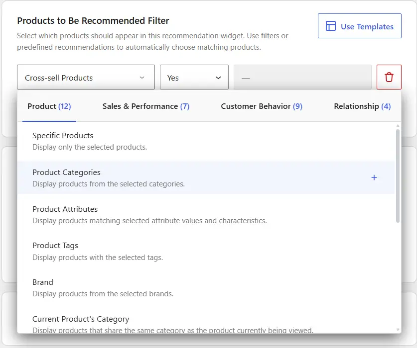 WowRecommend filters for product to be recommended