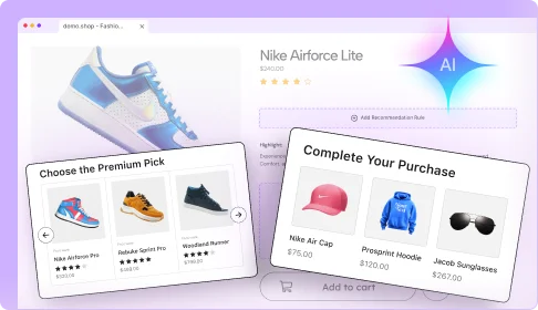E-commerce website interface demonstrating AI-powered product recommendations with cross-selling and upselling widget popups