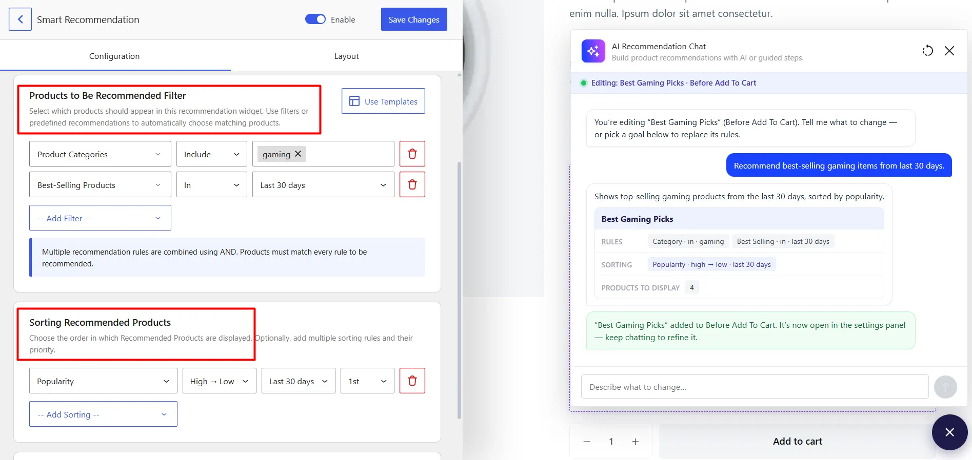 Image showing the adjustment of filters, sorting and placements of recommendations