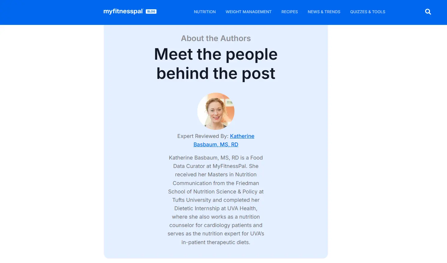 Screen capture of MyFitnessPal author bio with expert reviewer details.