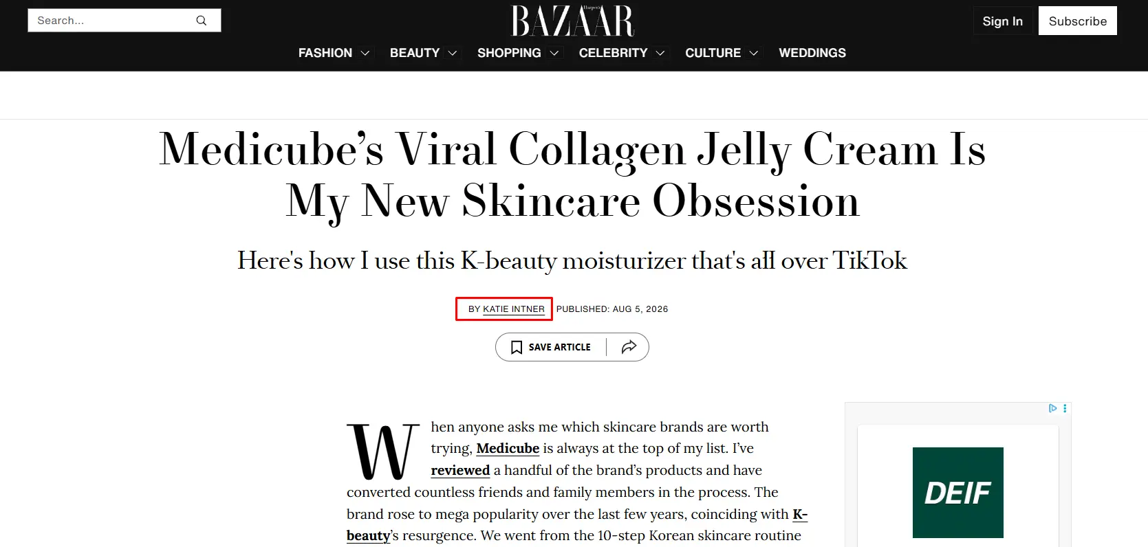 Screen capture of Harper’s Bazaar article with the author name highlighted