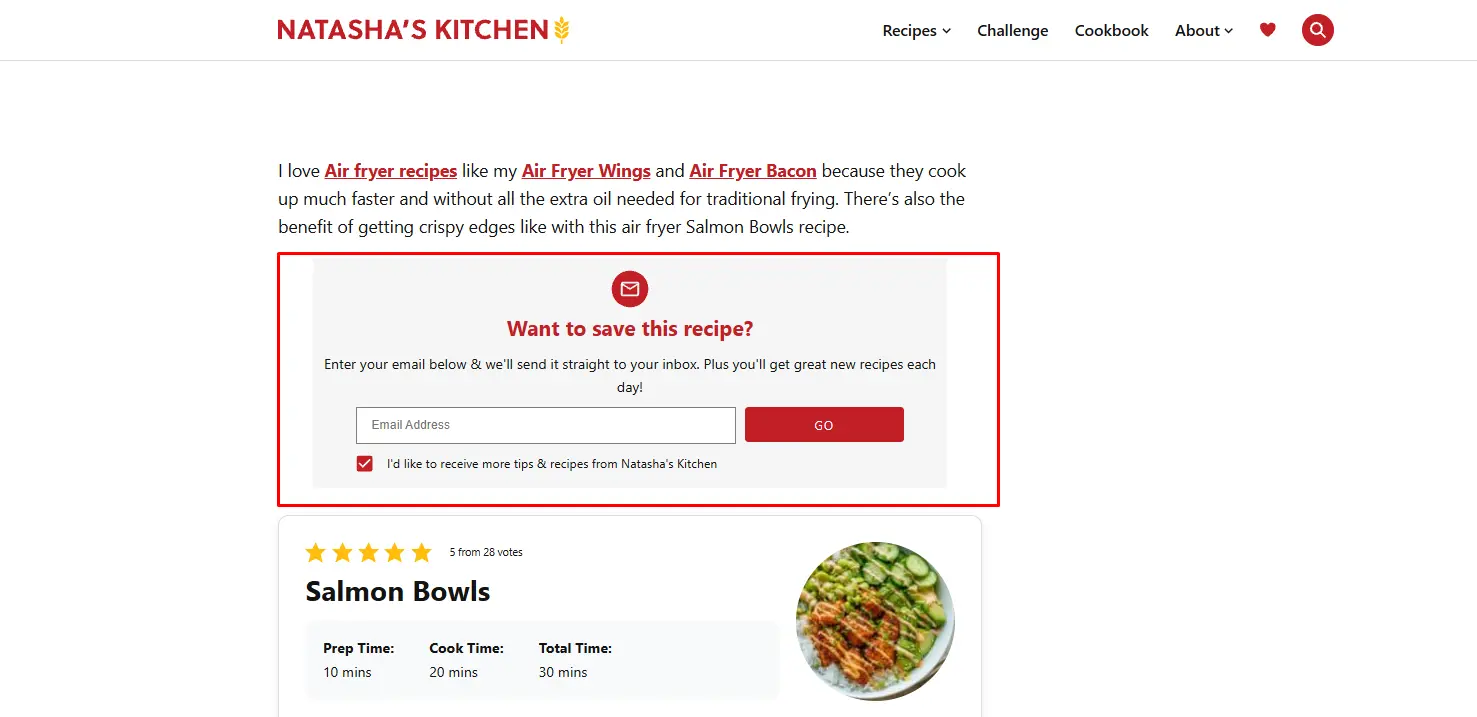 Screenshot of Natasha’s Kitchen featuring an email subscription box