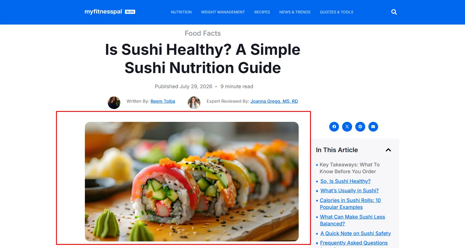 Screenshot of MyFitnessPal blog showing the featured image of a blog page