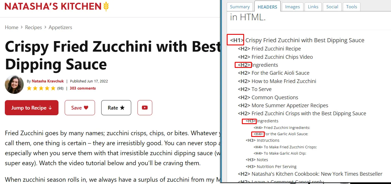 Natasha’s Kitchen webpage showing heading hierarchy with H1, H2, H3, and H4 tags.