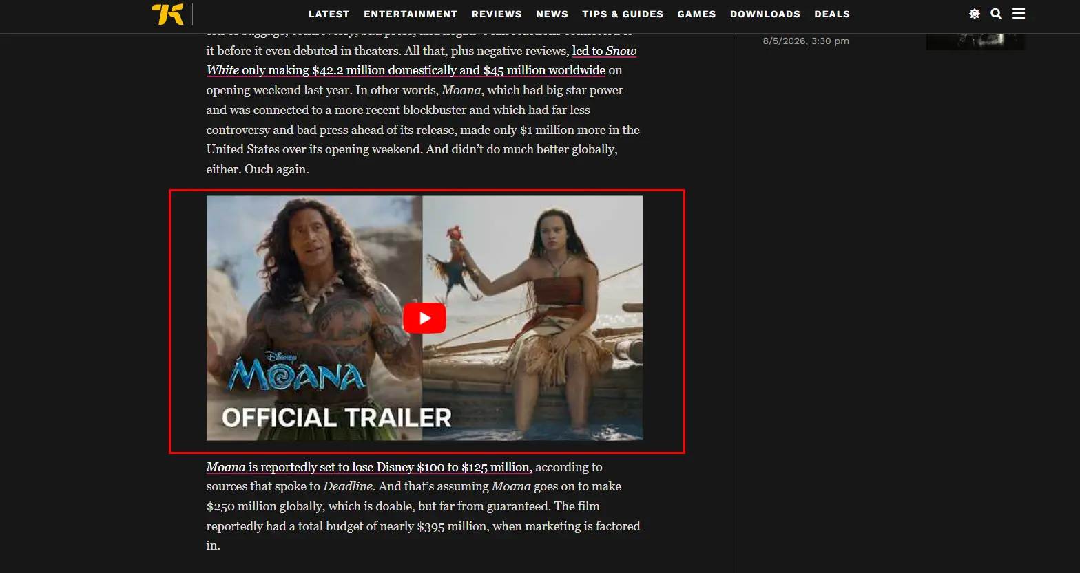 Screenshot of Kotaku article highlighting an inline video in a blog page