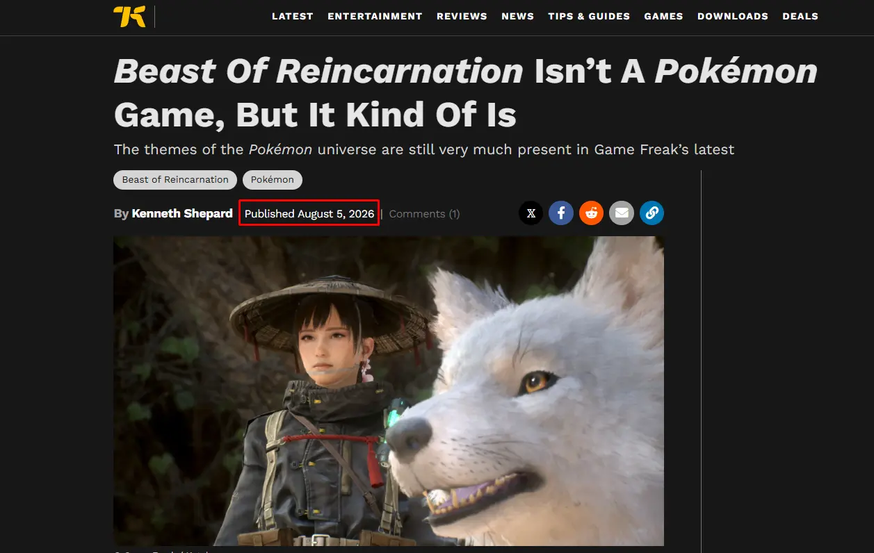 Screenshot of Kotaku article with the published date highlighted