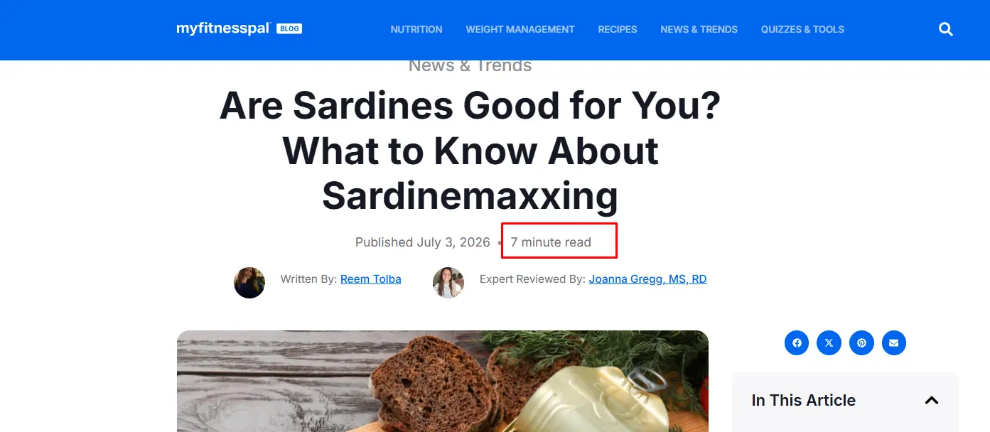 Screenshot of MyFitnessPal article with a 7-minute reading time indicator
