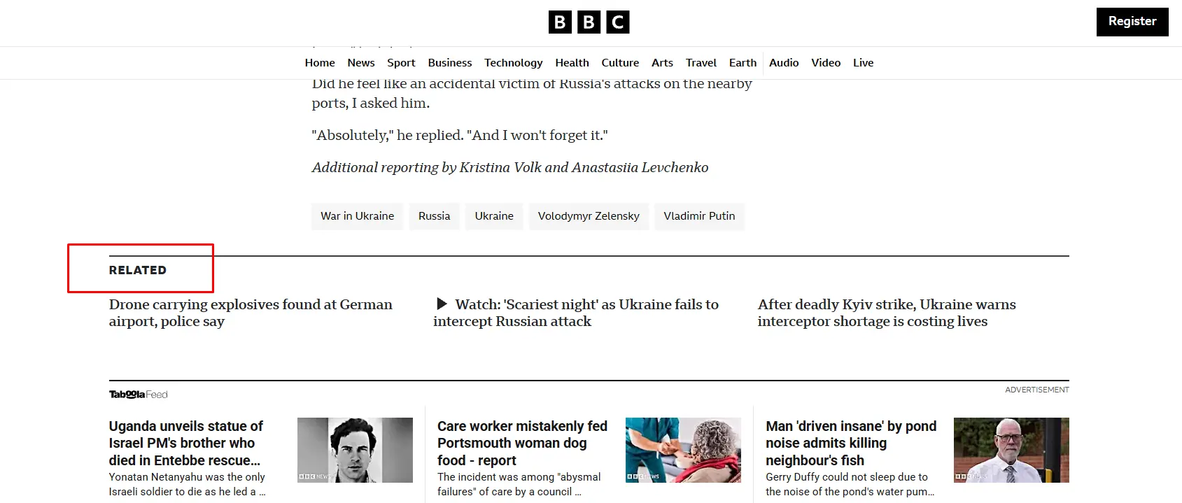 Screenshot of BBC article highlighting the related posts section