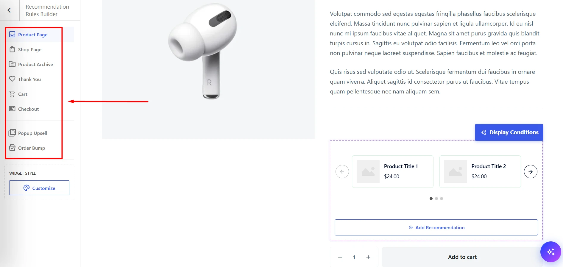 Image showing selecting the target page for the recommendation
